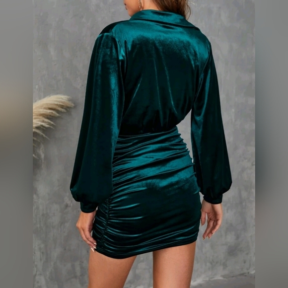 New Luxe Velvet Draped Front Ruched Dress Lantern Long Sleeve Dark Green - Picture 5 of 8